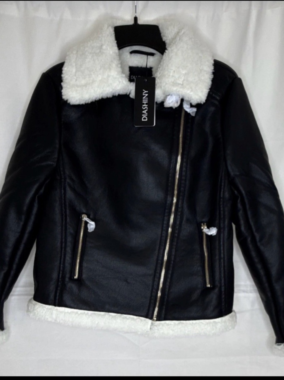 Black Faux Leather Sherpa-Trim Moto Jacket